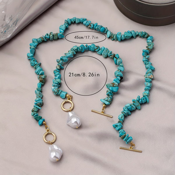 Ensemble de Collier et Bracelet en Turquoise et Perles