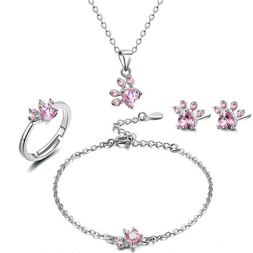 Ensemble de Bijoux Pattes en Or Rose – 4 Pièces avec Cœur en Zirconium (Bague, Collier, Boucles d'Oreilles, Bracelet)