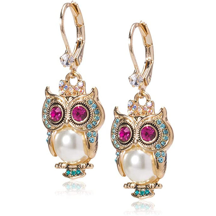 Boucles d'oreilles vintage en cristal de hibou – Plaqué or, cristaux sertis à la main et détail en perle