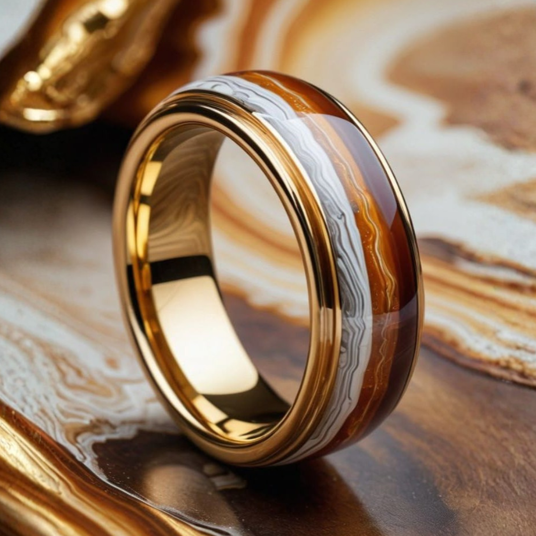 Bague en Or avec Incrustation de Marbre Vintage