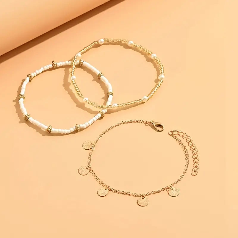 Ensemble de Bracelets de Cheville Superposés 3 Pièces | Or