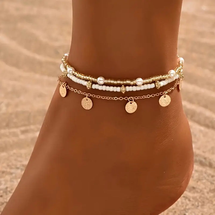 Ensemble de Bracelets de Cheville Superposés de Charme Côtier en 3 Pièces | Or