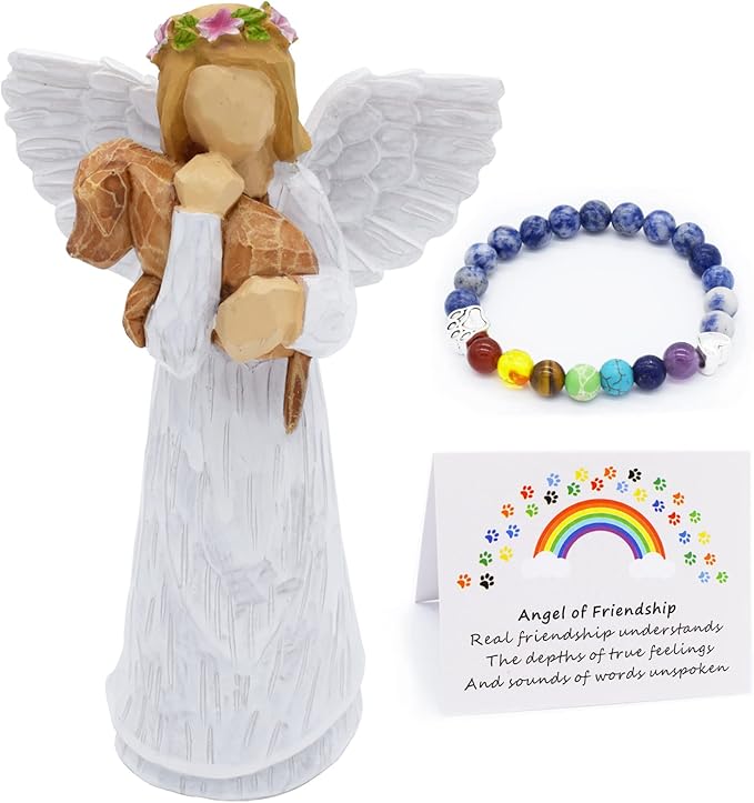 Coffret Cadeau en Mémoire de Chien avec Figurine d'Ange de l'Amitié & Bracelet Chakra du Pont Arc-en-Ciel