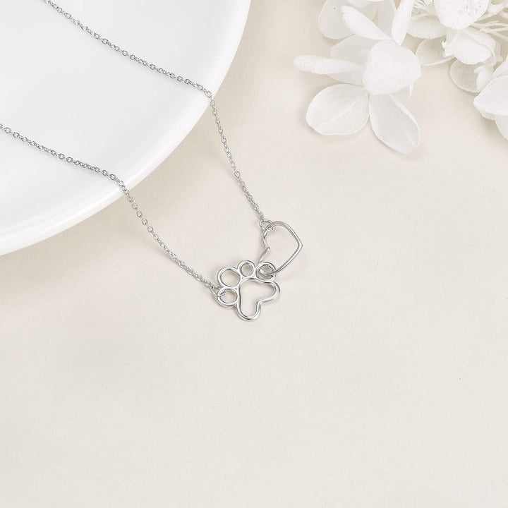 Collier en Argent Sterling avec Pattes de Chien – Pendentif en Cristal en Forme de Cœur