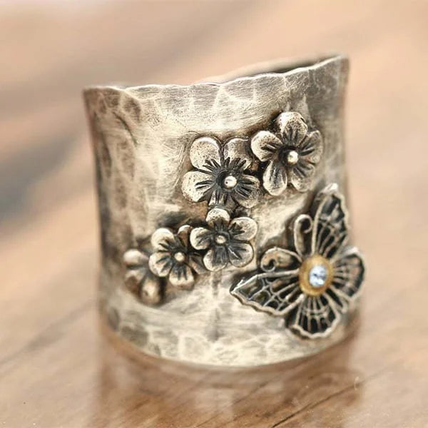 Bague Large Bande Fleur Abeille Papillon