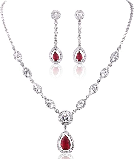Collier et Boucles d'Oreilles Halo en Rubis | Or Blanc