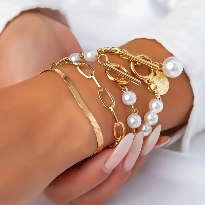 Ensemble de Bracelets Chic en Or de 4 Pièces – Serpent, Perles & Maillons | Or