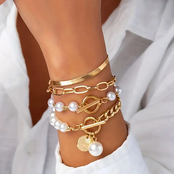 Ensemble de Bracelets Chic en Or de 4 Pièces – Serpent, Perles & Maillons | Or