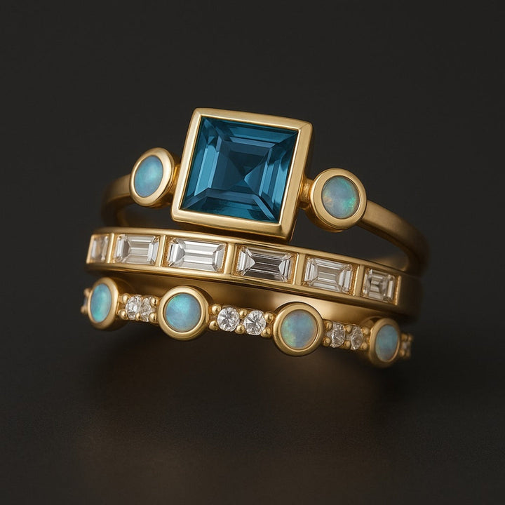 Set de Bagues en Cristal Bleu Vintage
