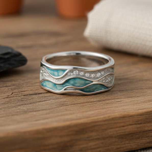 Bague en Argent Turquoise avec Vagues