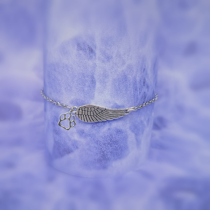 Bracelet commémoratif en argent avec aile d'ange et empreinte de patte | Fait à la main