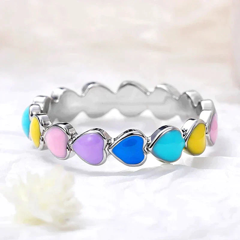 Bague Cœurs Arc-en-Ciel en Argent Sterling 925 et Émail Peint à la Main