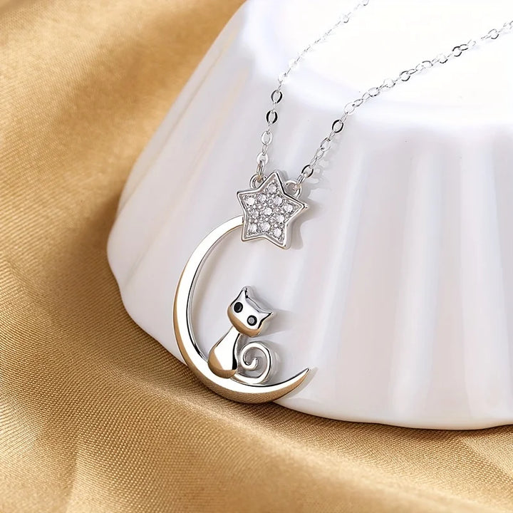 Collier en argent sterling avec chat, lune et étoile
