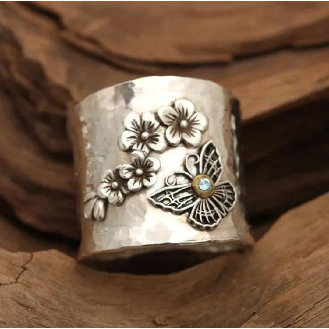 Bague Large Bande Fleur Abeille Papillon