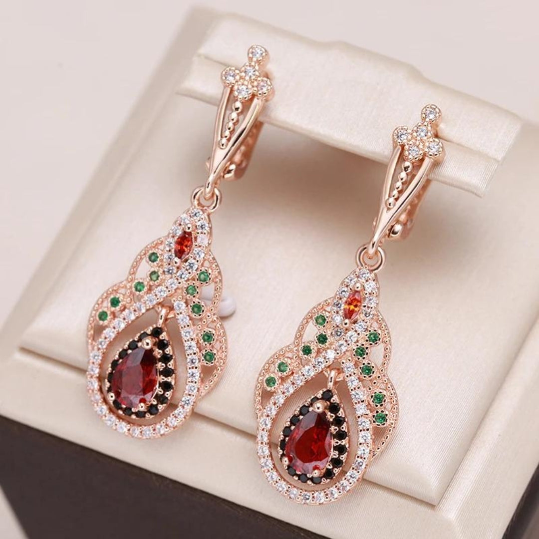 Boucles d'oreilles Mandala Rouge avec Zirconia en Or