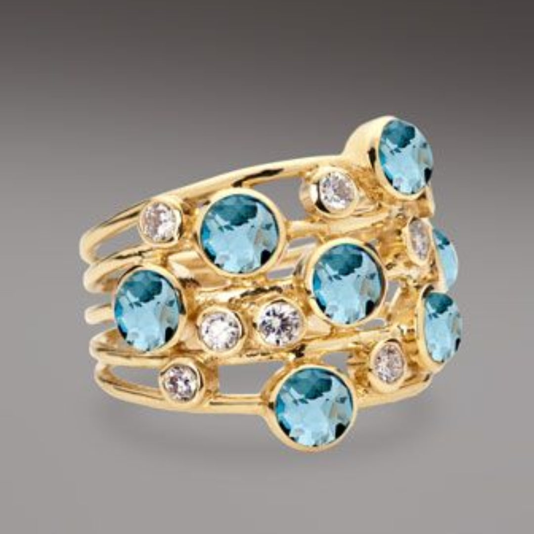 Bague en Zirconia Dorée Incrustée de Bleu Vintage