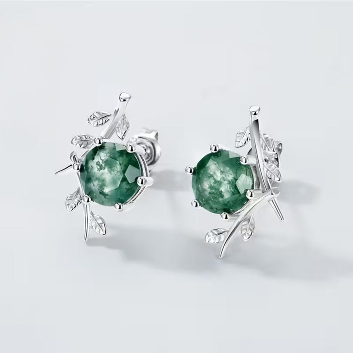 Boucles d'oreilles en argent avec feuilles en agate mousse
