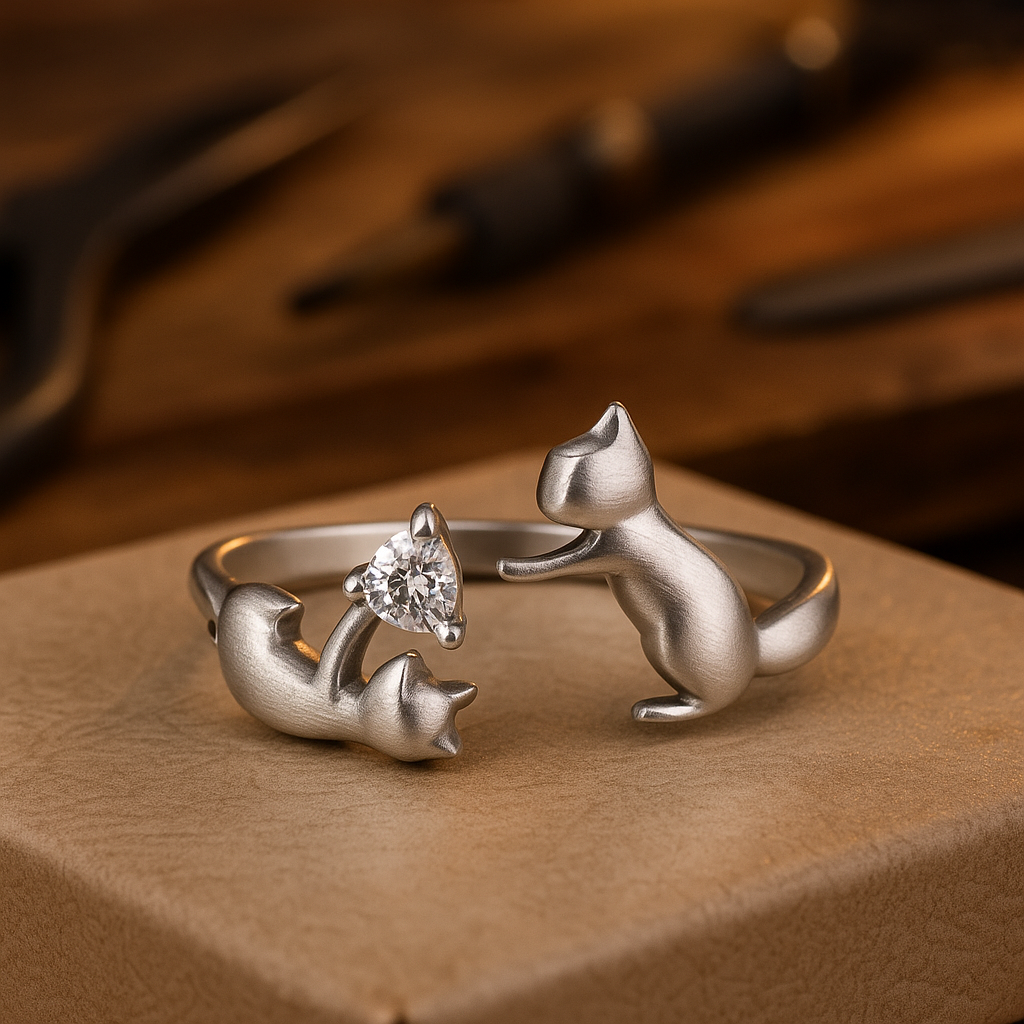 Bague Ajustable en Argent Sterling en Forme de Chat avec Zirconia