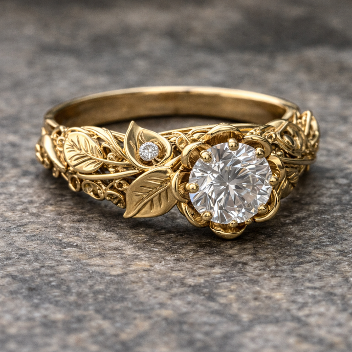 Bague en Zirconium Feuille Dorée
