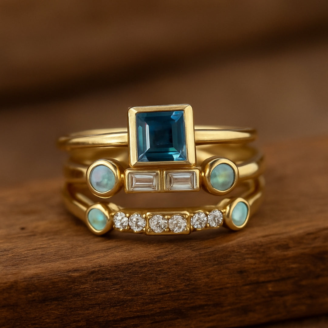 Set de Bagues en Cristal Bleu Vintage
