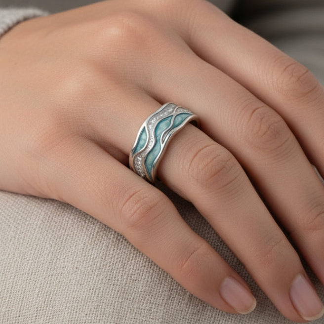 Bague en Argent Turquoise avec Vagues