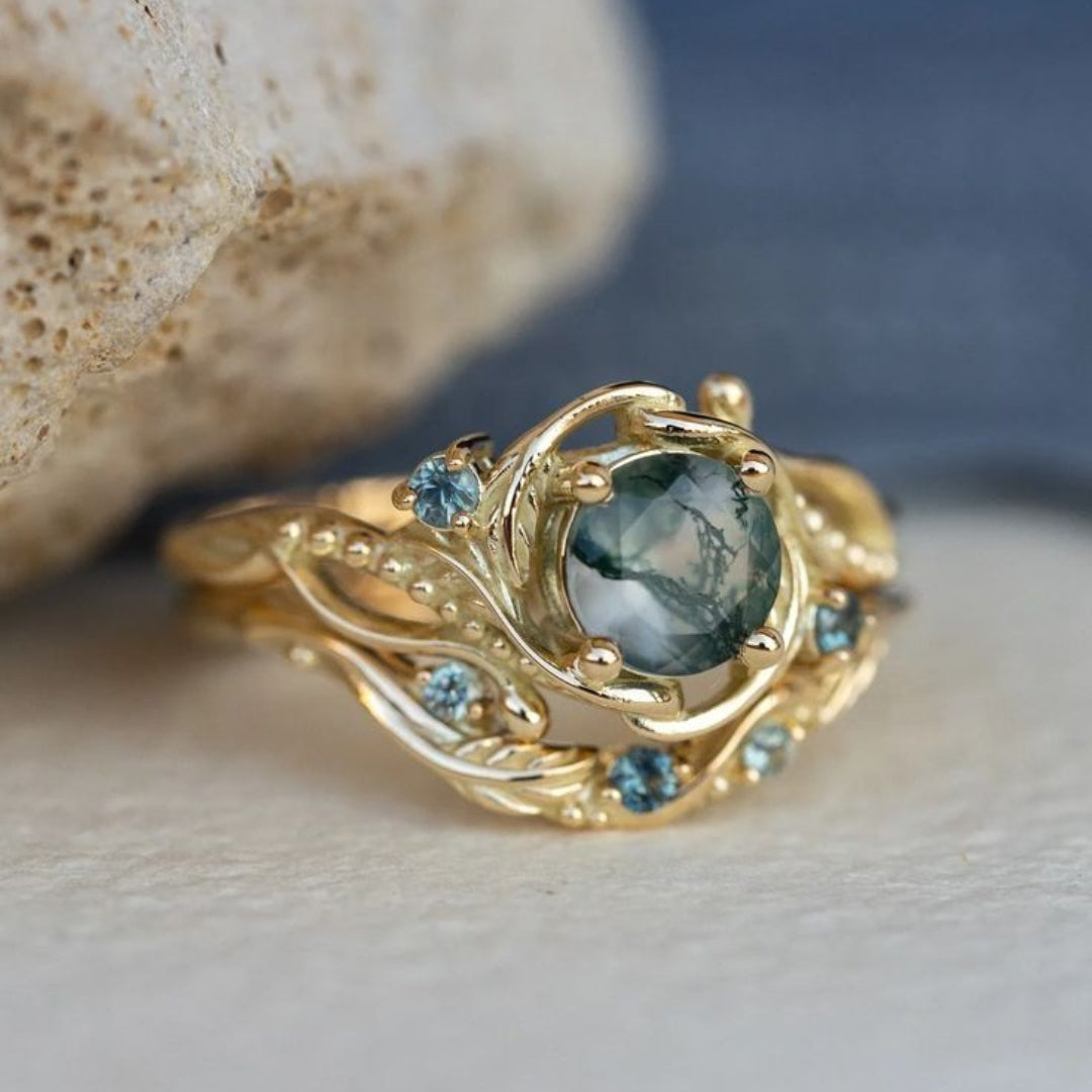 Bague en Pierre Naturelle d'Agate Mousse Ronde Dorée