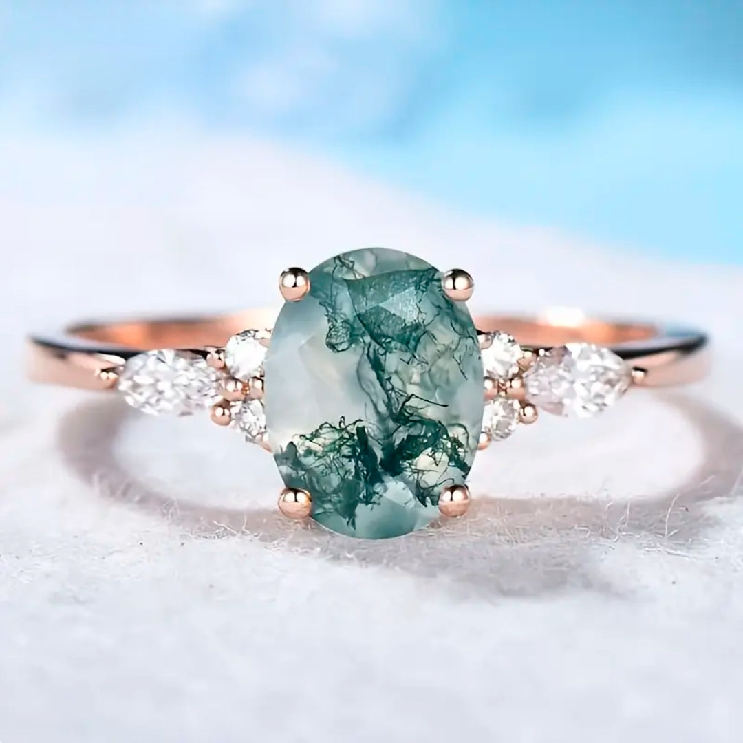Bague en Or avec Zirconia et Agate Mousse Ronde