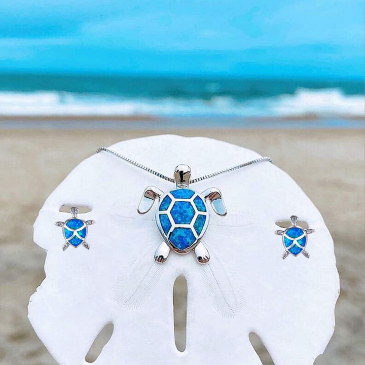 Collier et Boucles d'Oreilles Tortue de Mer en Opale et Argent