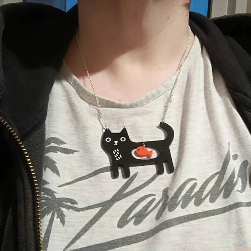 Collier Pendentif Acrylique Chat et Poisson Fantaisie