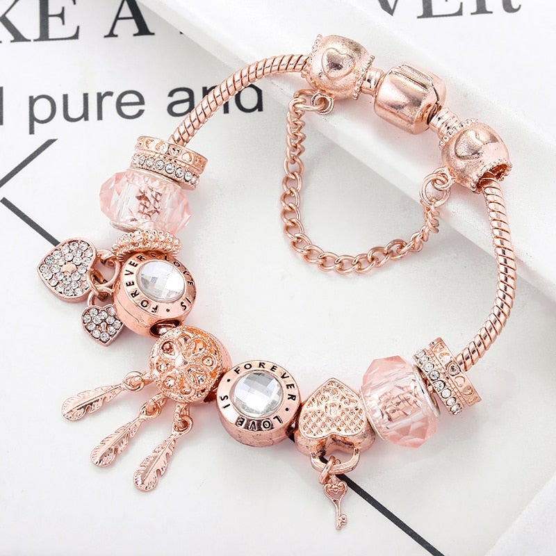 Bracelet Capteur de Rêves Rose avec Charms Inclus en Argent Sterling