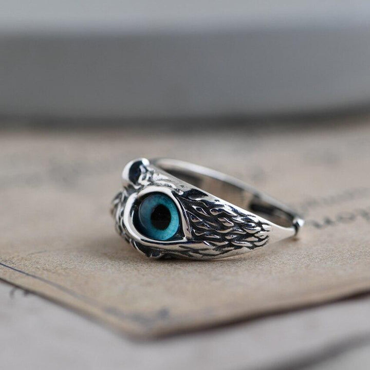 Bague Ajustable Hibou de Bonheur en Argent et Opale