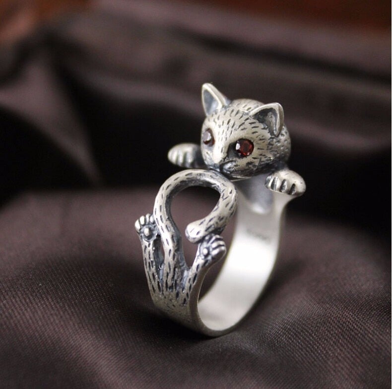 Bague Ajustable en Argent Sterling 925 Peinte à la Main avec un Chat