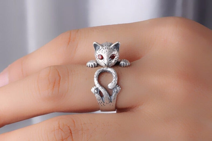 Bague en Argent Sterling 925 Peinte à la Main et Ajustable en Forme de Chat