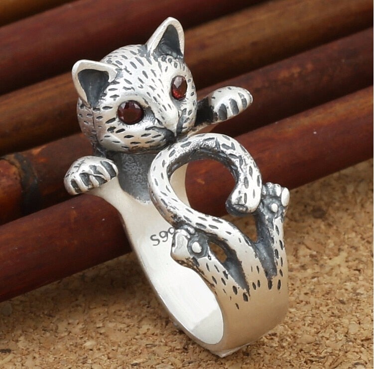 Bague Ajustable en Argent Sterling 925 Peinte à la Main avec un Chat