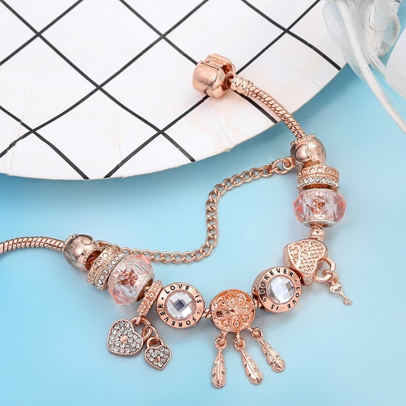 Bracelet Capteur de Rêves Rose avec Charms Inclus en Argent Sterling