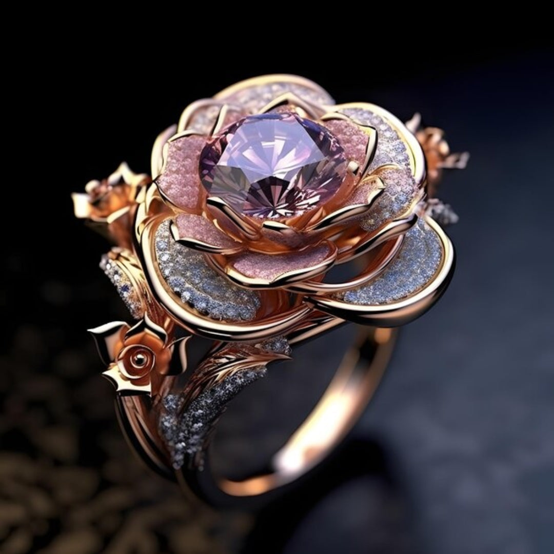 Bague Brillante en Fleurs Exotiques Superposées