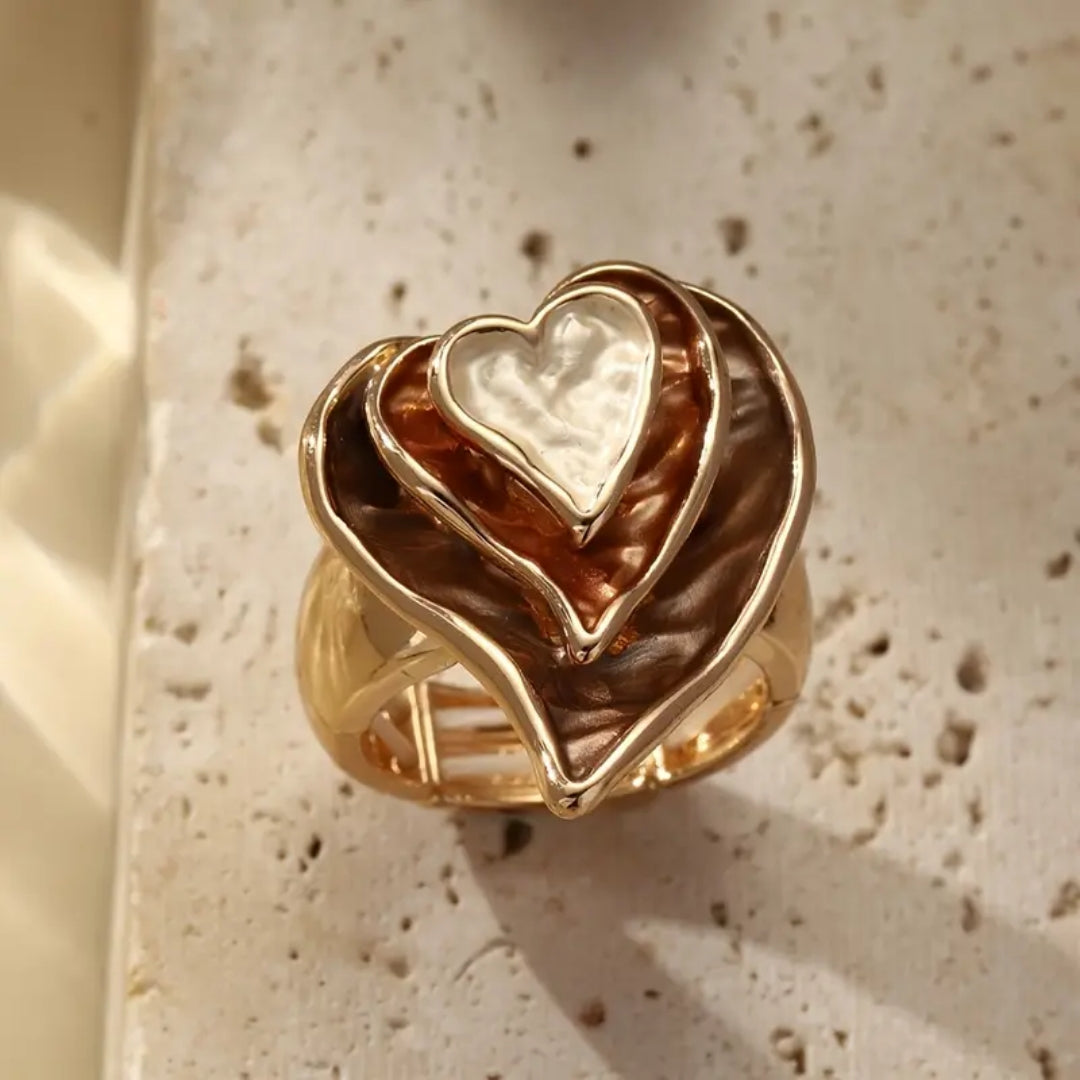 Bague en Or avec Cœurs Superposés Marron