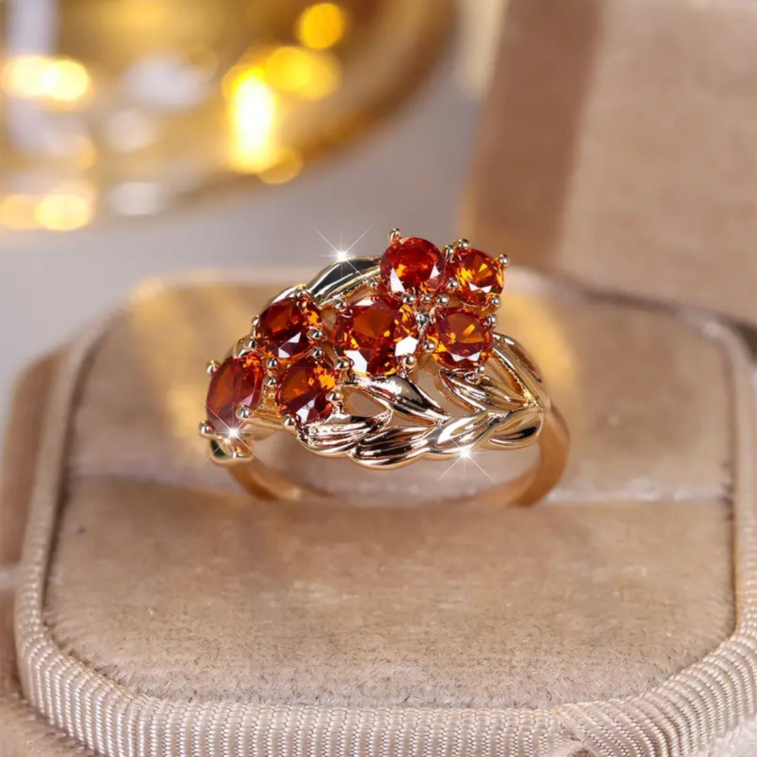 Bague en Cristal d'Automne Orange avec Feuille en Or