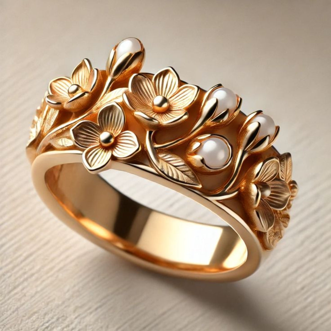 Bague dorée exotique en fleurs et perles