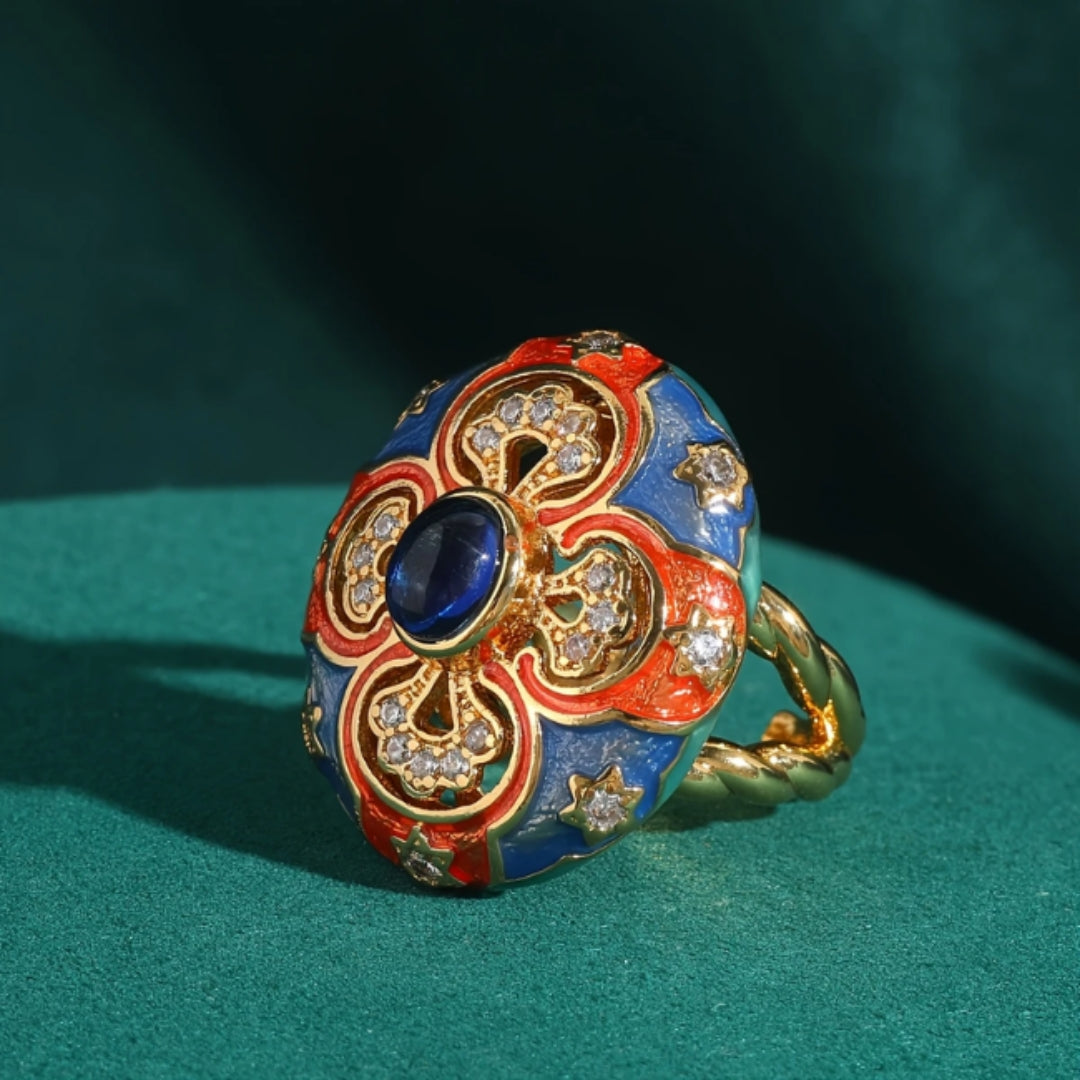 Bague en Or Émail Cristal Bleu Orange