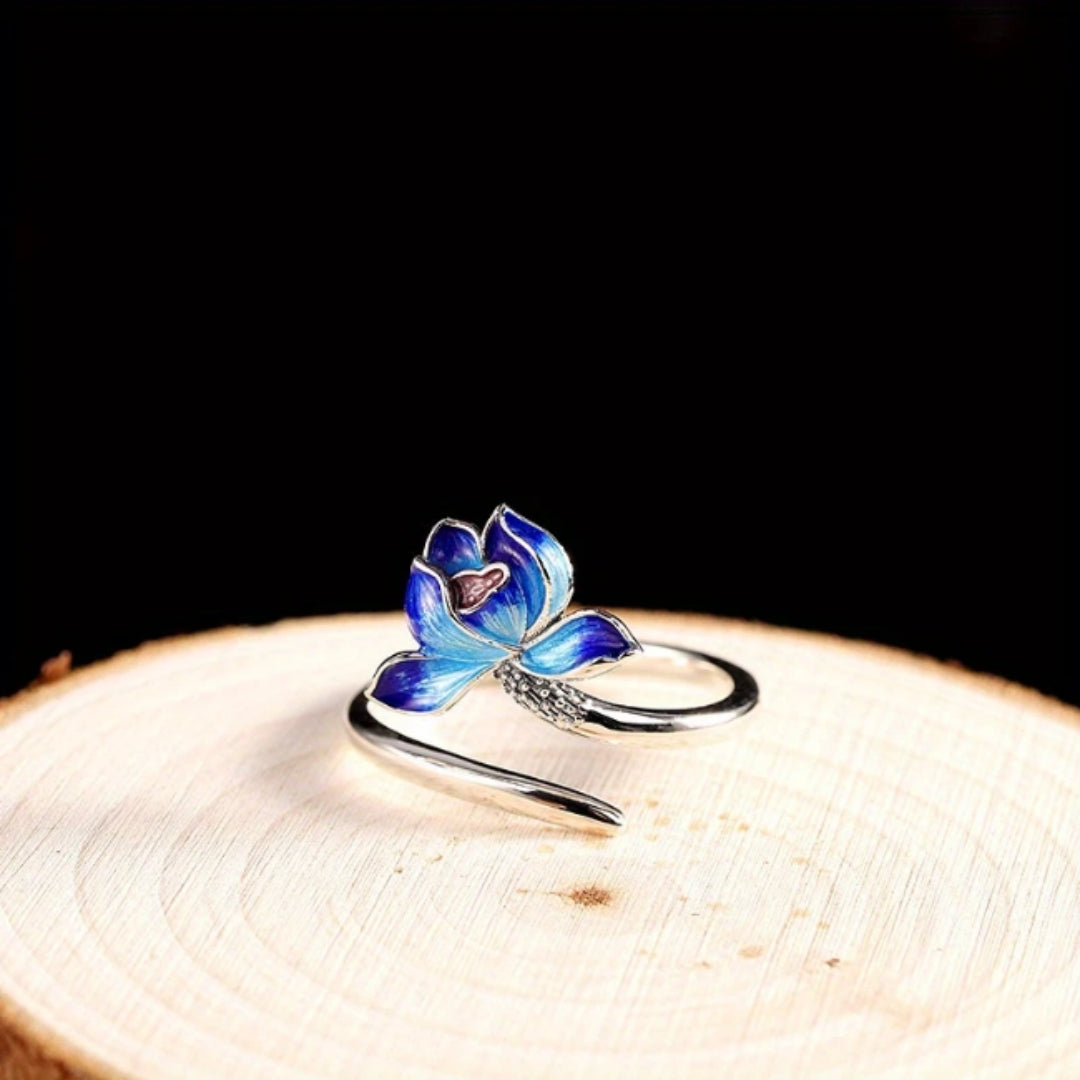 Bague en Argent Lotus Bleu Ajustable