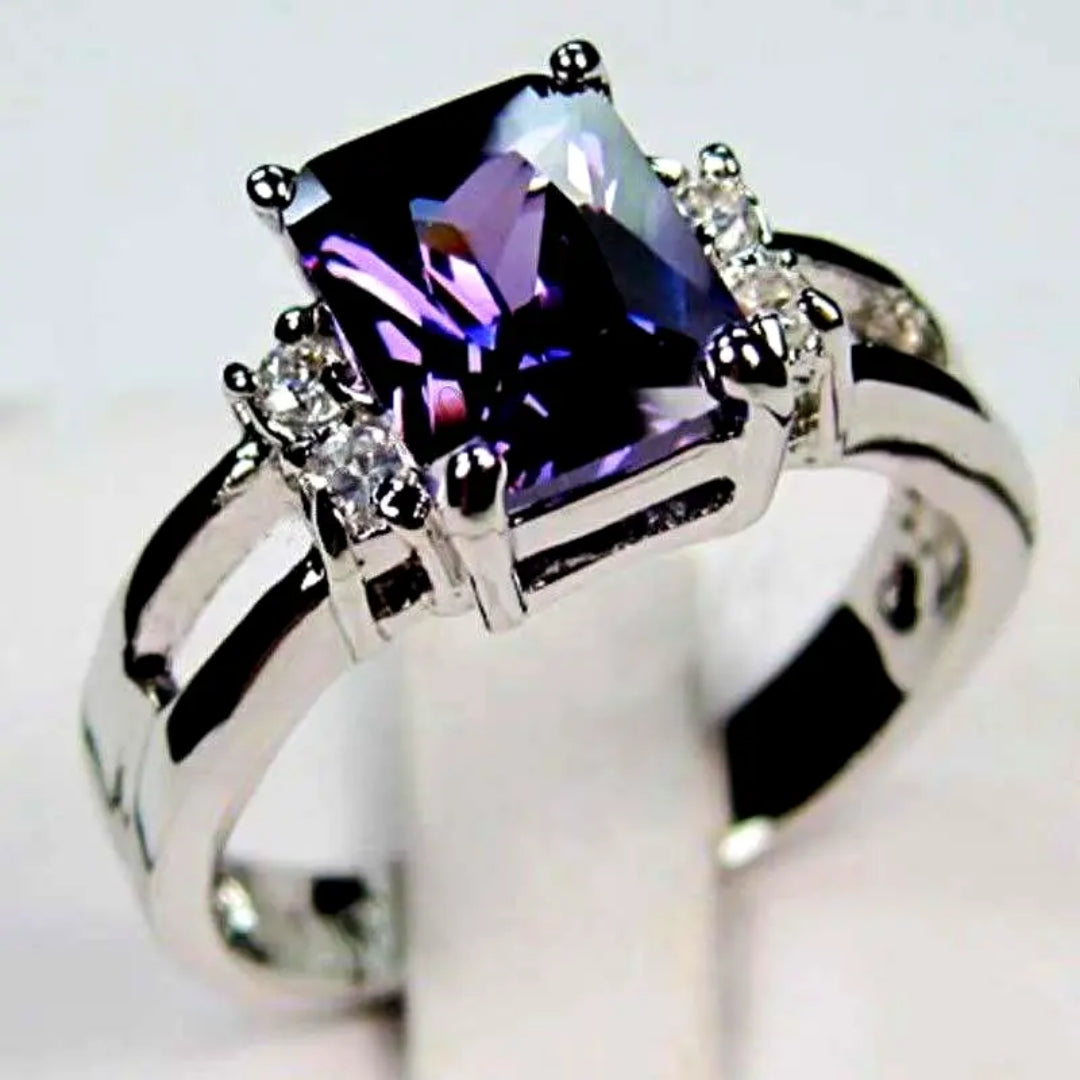 Bague en Verre Cubique Violet Argent