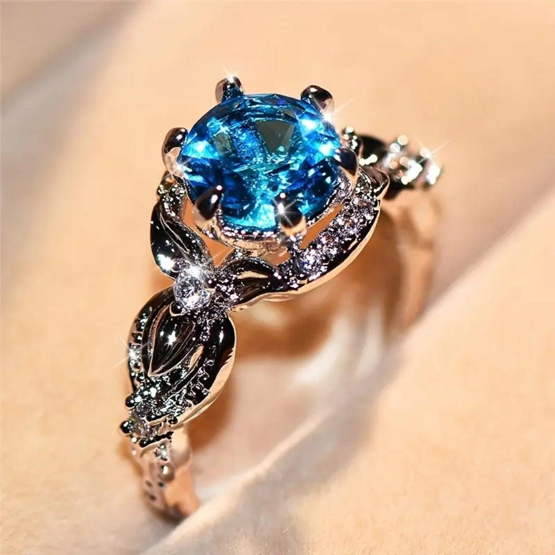 Bague en verre bleu brillant avec argent