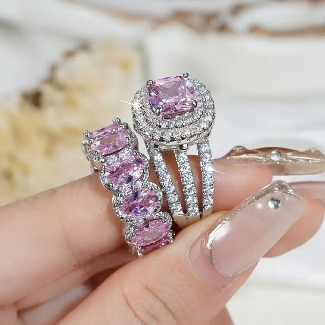 Ensemble de Bagues Argentées Roses Brillantes