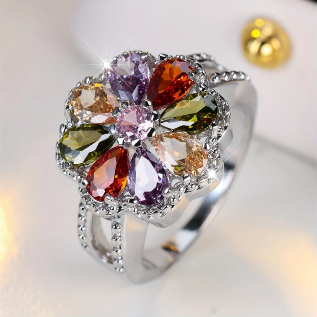Bague en Argent Pailletée Colorée avec Marguerite