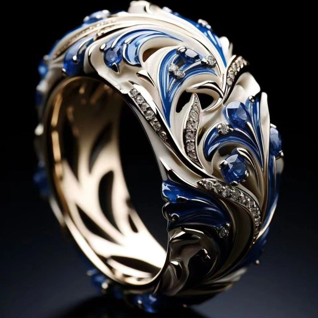 Bague Feuille en Zirconia Bleu et Blanc Exotique