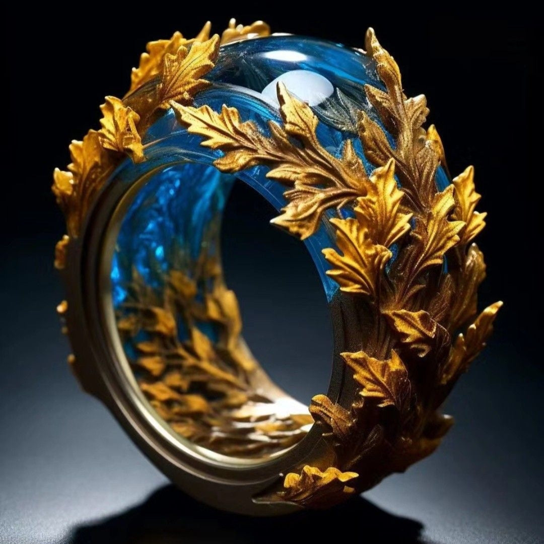 Bague Feuille Dorée Bleue Exotique