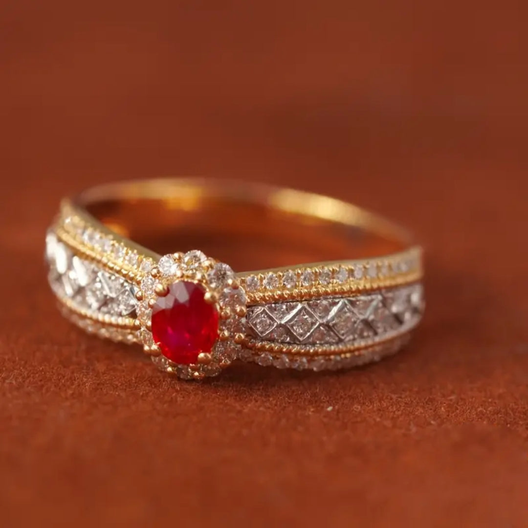 Bague Ronde en Zirconium Rouge en Or et Argent