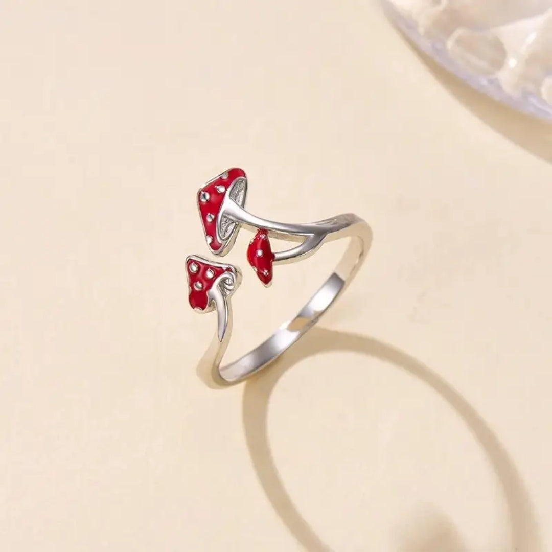 Bague Argentée Champignon Rouge