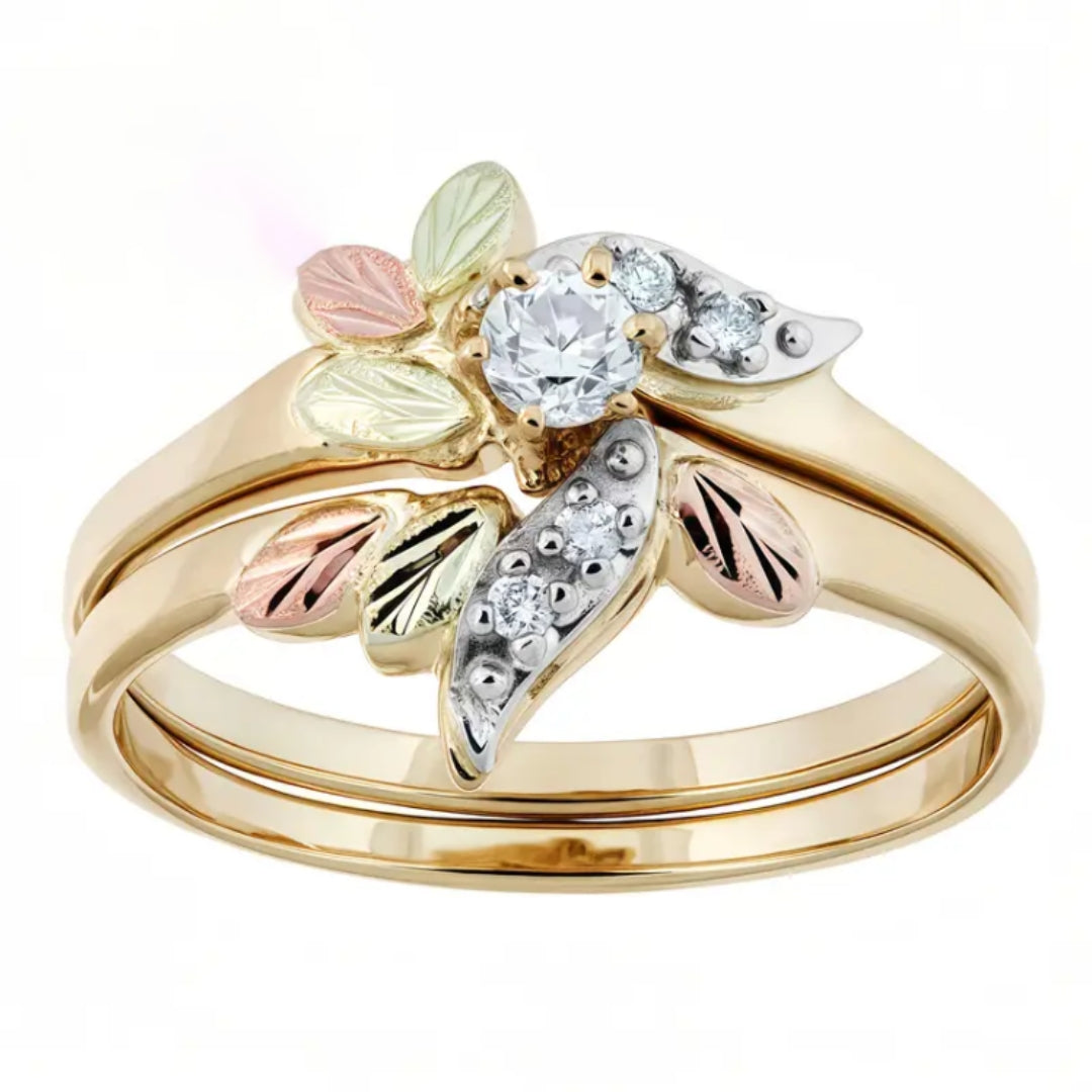 Bague en Zirconium Émaillé Doré en Forme de Feuille